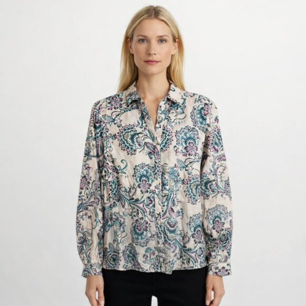 Chico's Blouse Women's Size XL‎ Paisley No Iron Button Down Pink Chicos 3